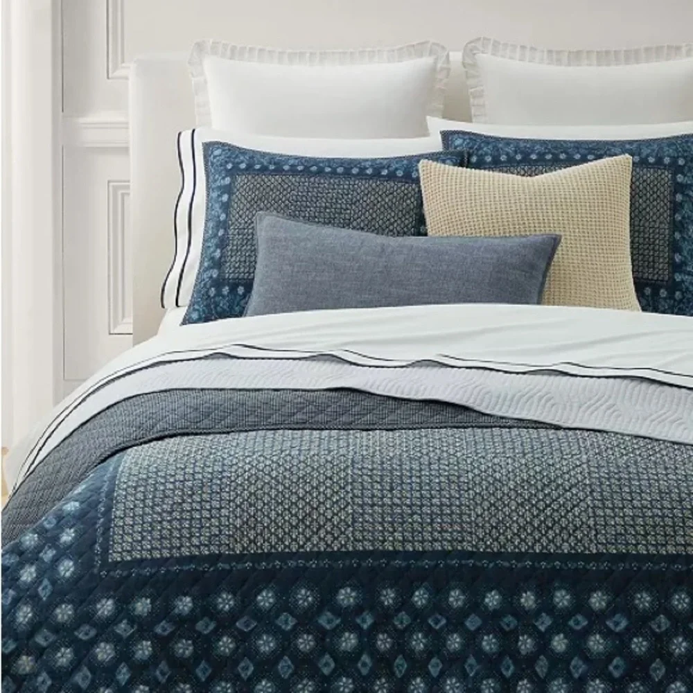 Lauren Ralph Lauren Beckett Blue Quilted Coverlet Quilt Queen Coastal 90x92”